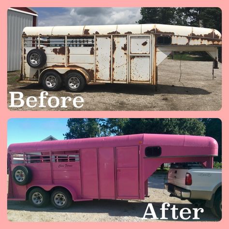 Pink Horse Trailer Restored Horse Trailer, Pink Horse Trailer, Horse Trailer Restoration, Horse Trailer Hacks, Trailer Redo, Horse Float, Barrel Racing Tips, Horse Trailer Living Quarters, Homesteading Animals