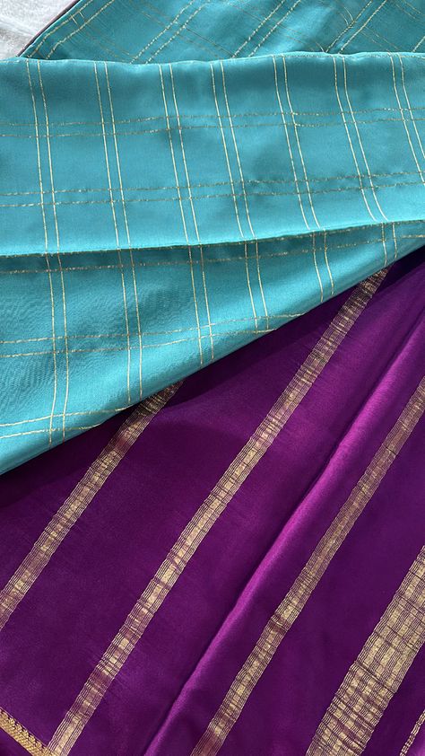 Blue X purple contrast crape mysore silk sarees Blue Mysore Silk Saree, Purple Contrast, Mysore Silk Sarees, Mysore Silk Saree, Mysore Silk, Saree Trends, Contrast Blouse, Mysore, Silk Saree