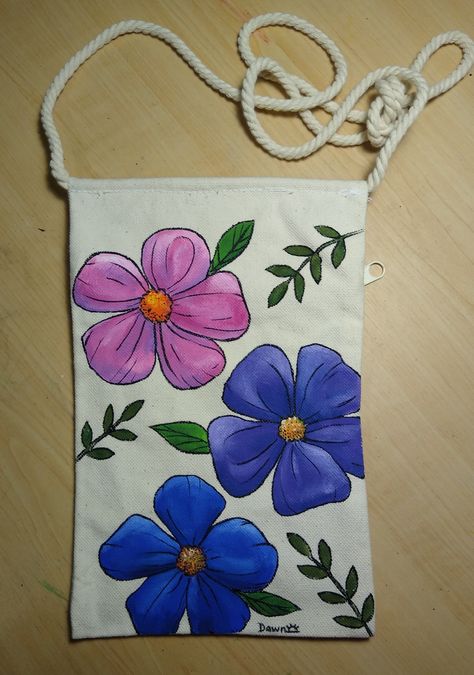 Canvas crossbody purse with 3 flowers hand-painted in acrylics Painted Purses, Hand Painted Purses, Painted Purse, Pencil Sketching, Three Flowers, Canvas Purse, Art Journal Pages, Canvas Art Painting, Pencil Sketch