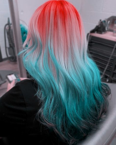 Cyan Hair Color, Ginger And Blue Hair, Orange Blue Hair, Orange And Blue Hair, Blue And Orange Hair, Blue Red Hair, Red And Blue Hair, Blue And Red Hair, Red Ombre Hair