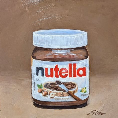 Small oil painting, still life, realism, contemporary, Nutella, hazelnut spread, food art, fine art Nutella Jar Diy Crafts, Nutella Painting, Oil Pastel Bottle Drawing, Realistic Food Painting Acrylic, Nutella Bar, Nutella Jar, Krishna Drawing, Bus Art, Fashion Drawing Tutorial