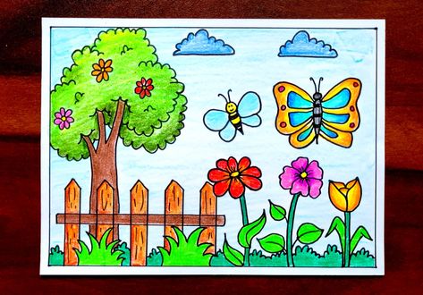 Video Tutorial uploaded on Amrita Drawing Book Channel. Subscribe for more creative Drawings and School Projects #springseason #springseasondrawing #flower #garden #butterfly #drawing #easy #howtodraw #sketch #pencil #drawingforkids Flower Garden Drawing Pencil, Butterfly In The Garden Drawing, Easy Spring Drawings For Kids, Garden Sketch Drawing Easy, How To Draw Garden, Butterfly Scenery Drawing, Butterfly Garden Painting, Spring Easy Drawings, Easy Drawing Of Flowers