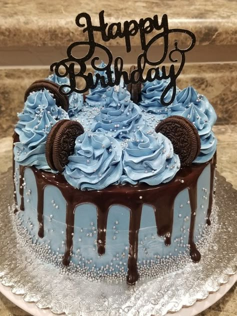 Blue Oreo Cake, Mens Birthday Cake Simple Blue, Blue Sheet Cake, Happy Bday Cake, Oreo Birthday Cake, Happy Birthday Chocolate Cake, Chocolate Oreo Cake, 13 Birthday Cake