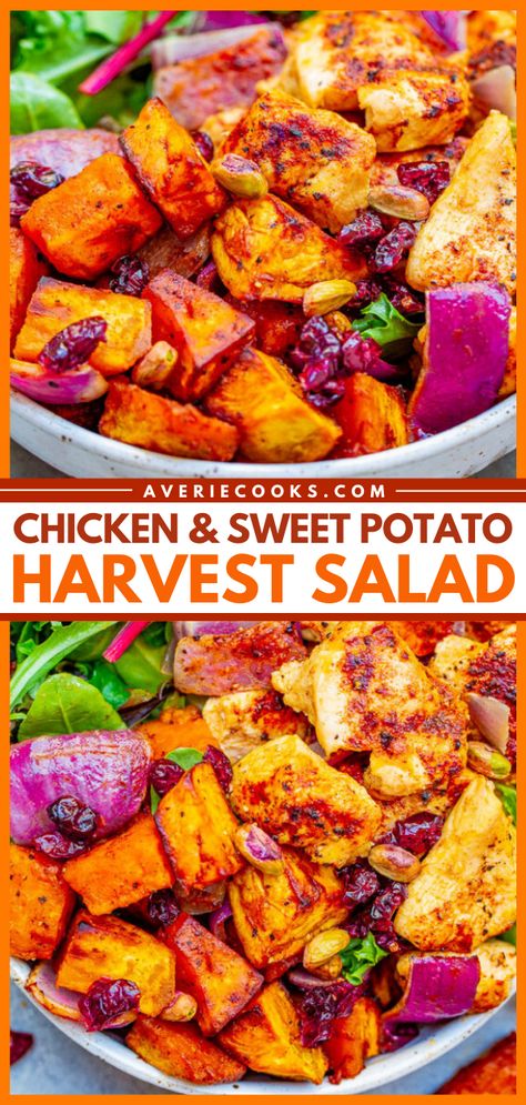 Roasted Chicken and Sweet Potato Salad — Fall-inspired ingredients including tender sweet potatoes, juicy chicken, red onions, cranberries, and pumpkin seeds topped with a honey apple cider vinaigrette!!  A HEARTY and COMFORTING salad that makes a big batch perfect for planned leftovers!! Spinach Apple Salad, Potato Harvest, Chicken And Sweet Potato, Apple Cider Vinaigrette, Cider Vinaigrette, Sweet Potato Salad, Easy Chicken Salad, Harvest Salad, Recipes With Few Ingredients