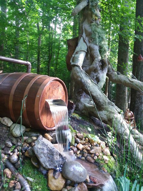 Diy Rain Barrel, Barrel House, Barrel Fountain, Waterfall Ideas, Whiskey Barrels, Diy Fountain, Pond Waterfall, Pond Fountains, Whisky Barrel