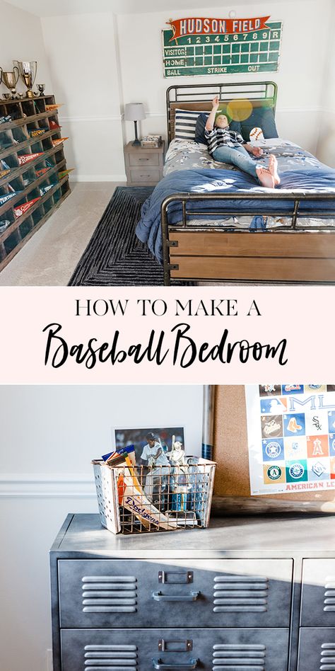 Baseball Bedroom Decor | boy bedroom decor ideas | baseball inspired home decor || JennyCookies.com #boybedroom #baseballdecor #kidsrooms #jennycookies Baseball Room Ideas For Boys, Baseball Bedroom Ideas, Boys Sports Bedroom Ideas, Baseball Boys Room, Vintage Baseball Room, Kids Baseball Room, Baseball Bedroom Decor, Baseball Themed Bedroom, Baseball Theme Room