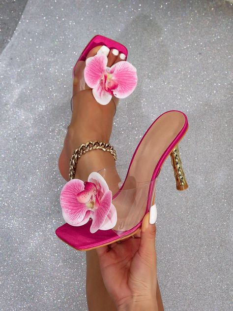 Hot Pink Funky,Fashionable Collar   Plain  Embellished   Women Shoes Faishon Ideas, Holiday Sandals, Hot Pink Sandals, Hot Pink Heels, Cute Shoes Heels, Rose Shoes, Women Slides, Sandals Gold, Women Slippers