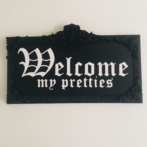 Gothic Wall Plaque, Welcome my Pretties Wall Plaque, Gothic Wooden Plaque, Gothic Home Decor, Gothic Home, Gothic Gift, Gothic Wall by GemmacraftStudio on Etsy  #gothichome #gothichomedecor #gothic #darkdecor #darkaesthetic #funeraldecor #funeralinprogress #gothhome #darkhome #gothichandmade #gothicsmallbusiness #smallbusiness #handmade #gothicetsy #goth #victoriangothicdecor #wickedwitchoftheeast #witchdecor #witchhome #witcheshome #gothicwitches Gothic Hallway, Victorian Gothic Decor, Teacher Signs, Goth Home, Gothic Gifts, Dark Home, Gothic Home, Witch Decor, Hallway Furniture