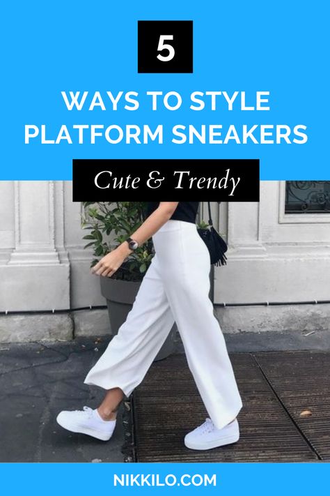 Today, I’m sharing 5 cute and trendy ways to style platform sneakers! I’m a huge fan of wearing platform sneakers because you can wear them in so many different types of outfits, from sporty to feminine to preppy. No matter your style, this post is here to give you some outfit inspiration for the next time you’re wondering what to wear with platform sneakers. Click or tap to keep reading! Feminine Sneakers Outfit, Platform Sneaker Outfits Women, How To Style White Sneakers Outfit Ideas, Addidas Shoes Platform Outfit, White Vans Platform Outfit, What To Wear With Platform Converse, Trendy White Sneakers 2023, White Sneakers Outfit 2023, How To Wear Platform Sneakers