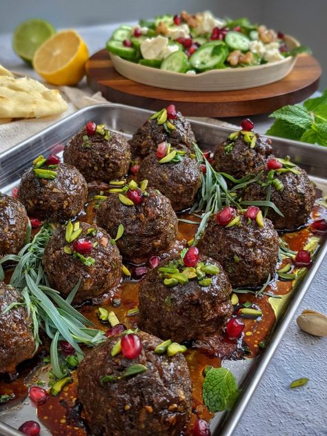 Kufteh Pesteh - Meatballs with pistachios and pomegranate - The Caspian Chef - Omid Roustaei Pomegranate Glaze, Saffron Chicken, Iranian Recipes, Persian Recipes, Persian Cuisine, Lamb Meatballs, Quick Dishes, Chicken Kebabs, Vegetable Stew