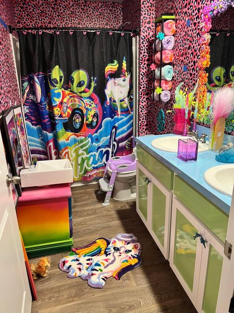 Lisa Frank bathroom Lisa Frank Bathroom, Lisa Frank Room, Bathroom Y2k, Lisa Frank Aesthetic, Y2k Bathroom, Frank Aesthetic, Old Kids Shows, Scene Room, Lisa Frank Stickers