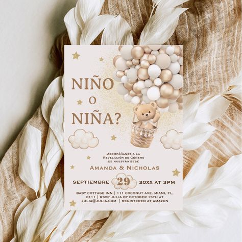 This Boho, elegant, cute gender reveal invite in neutral tones beige , light brown, gold , taupe with main character cute teddy bear in the hot air balloon. This gender reveal collection is a mix of bohemian and elegant simple themes. Don't forget to discover the full collection! Gender Reveal Ideas Teddy Bear Theme, Brown Gender Reveal Ideas, Neutral Color Gender Reveal, Gender Reveal Teddy Bear Theme, Gender Reveal Invitations Template Free, Gender Reveal Colors, Elegant Gender Reveal Party, Gender Reveal Neutral Theme, Bear Theme Gender Reveal