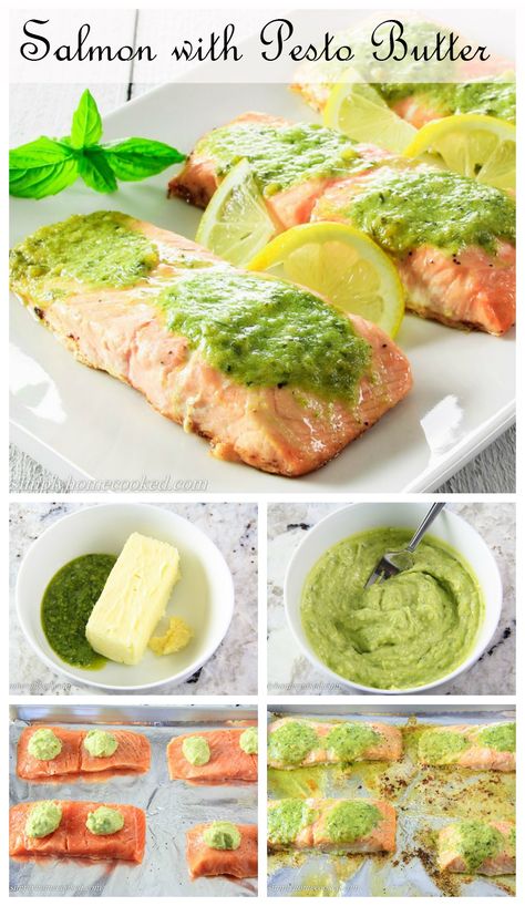 Basil Butter Salmon, Baked Pesto Salmon Recipes, Costco Salmon Recipe, Costco Salmon With Pesto Butter, Pesto Butter Salmon, Basil Pesto Salmon, Basil Pesto Butter, Pesto Salmon Recipe, Pesto Butter