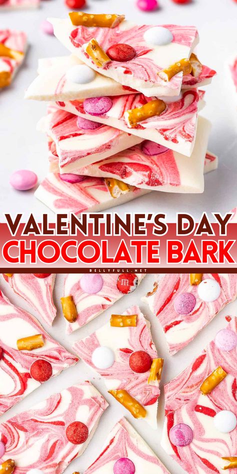 Don't miss this easy chocolate bark for your sweet treats for Valentine’s Day! Chocolate Bark is a quick and easy no-bake treat that's made with only 4 simple ingredients! So pretty with red, pink, and white colors. What's not to love? Holiday Dessert Drinks, No Bake Recipe, Healthy And Unhealthy Food, Bark Recipe, Easy No Bake Desserts, Bake Dessert, Chocolate Bark, Valentines Food, Just Cakes