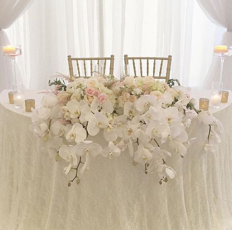 My sweetheart table, lace linen, beautiful orchids Orchid Flower Centerpieces Wedding, Main Table Wedding, Sweetheart Table Flowers, Head Table Wedding Decorations, Blush Wedding Decor, Future Planning, Head Table Wedding, Main Table, Sweetheart Table Wedding