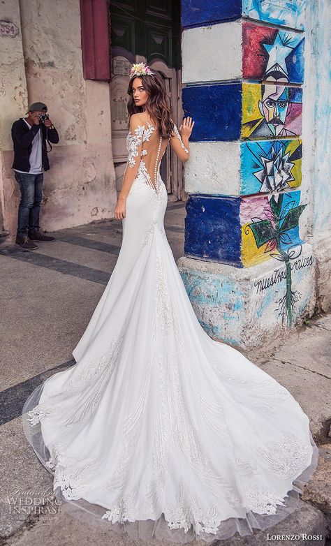 lorenzo rossi 2018 bridal sheer long sleeves illusion bateau sweetheart neckline heavily embellished bodice elegant sheath wedding dress sheer button back chapel train (8) bv -- Lorenzo Rossi 2018 Wedding Dresses | Wedding Inspirasi #wedding #weddings #bridal #weddingdress #bride ~ Sheer Wedding Dress, Wedding Dresses 2018, Fit And Flare Wedding Dress, White Wedding Dress, Dream Wedding Ideas Dresses, A Wedding Dress, Wedding Dresses Romantic, Wedding Dress Inspiration, Beautiful Wedding Dresses