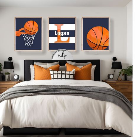 "If you're a busy mom searching for affordable and personalized sports art for your nursery or toddler's bedroom, you're sure to love this PRINTABLE basketball wall art. This collection includes three basketball theme printables, perfect for your nursery, toddler or big kiddo's sports theme bedroom. The center printable file features your kiddo's name and initial. This listing is for an INSTANT DOWNLOAD in FOUR sizes:  5\"x7\" // 8\"x10\" // 11\"x14\" // 16\"x20\".  Digital files are completed in jpg format (300 dpi) and are available immediately upon completion of your order (with the exception of the personalized print; see below). For instructions on how to download your files, click here: https://etsy.me/38aG0Tn The personalized name file will be emailed to you within one to five busin Nba Bedroom Ideas, Boys Bedroom Ideas Basketball Theme, Basketball Theme Room Bedroom Ideas, Boys Room Basketball Theme, Teen Basketball Room, Boys Sports Themed Bedroom, Sport Theme Bedroom, Basketball Bedroom Ideas Boys, Boys Bedroom Accent Wall