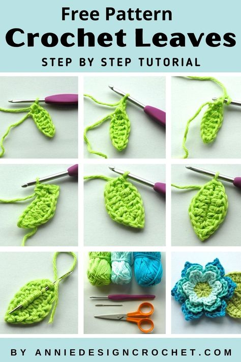 A Step by Step tutorial for making crochet leaves to add to a crochet flower. Free Pattern Friday Crochet Leaf, Crochet Tiny Leaf Free Pattern, Crochet Mini Leaf Free Pattern, Crochet A Leaf Pattern, Crochet Tree Leaves, How To Crochet Leaves Patterns, Simple Crochet Leaf Pattern, Crochet Plant Leaves Free Pattern, Small Crochet Leaves Free Pattern