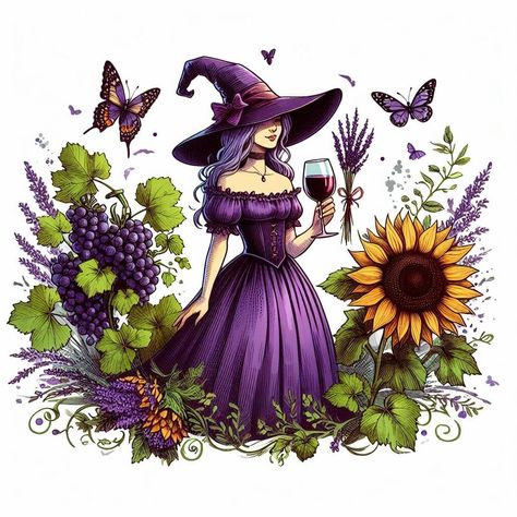 Wine, butterfly, lavander, sunflower Arcane Aesthetic, Witch Purple, Witch Painting, Witch Craft, Sublimation Ideas, Celestial Art, Green Witch, Birds Tattoo, Fantasy Illustration