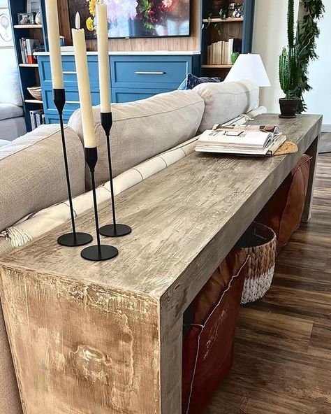 Tara Salas | DIY console table. One of my favorite builds. 8ft long table for less than $100 in materials. . I have a 3 part series in reels tab that… | Instagram Large Sofa Table Behind Couch, Console Table Behind Leather Couch, Sofa Table Behind Couch Entryway, Long Couch Table, Buffet Table Behind Sofa, Long Console Table Under Tv, Chunky Sofa Table, Low Bench Behind Sofa, Long Console Table Behind Couch