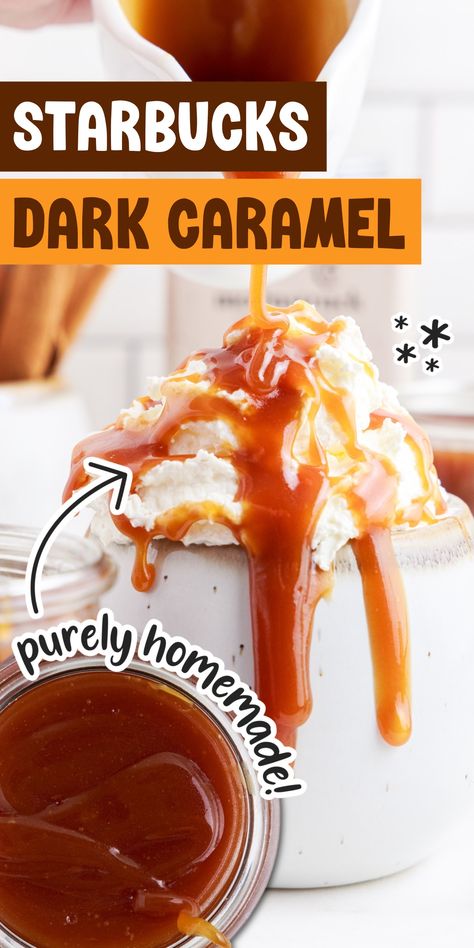 Make your own Starbucks copycat Dark Caramel Sauce at home! Rich, easy, and budget-friendly. Coffee lovers can make their own caramel drinks using this 6 ingredient sauce. Dark Caramel Sauce Starbucks, Dark Caramel Sauce, Starbucks Caramel Drinks, Homemade Coffee Syrup, Caramel Drinks, Cold Brew Coffee Recipe, Starbucks Vanilla, Salted Caramel Cupcakes, Pumpkin Spiced Latte Recipe