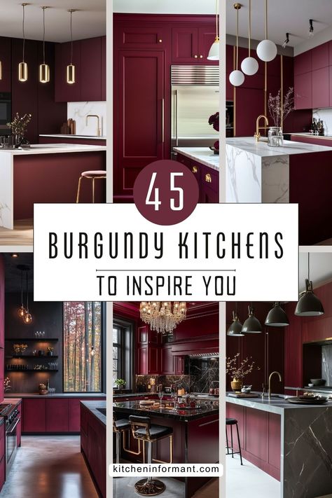 45 Stunning Burgundy Kitchens to Inspire You graphic. Cranberry Cabinets Kitchens, Burgundy Kitchen Island, Oxblood Kitchen, Burgundy Cabinets Kitchen, Dark Red Cabinets, Burgundy Kitchen Walls, Maroon Kitchen Cabinets, Burgundy Cabinets, Burgundy Kitchen Cabinets