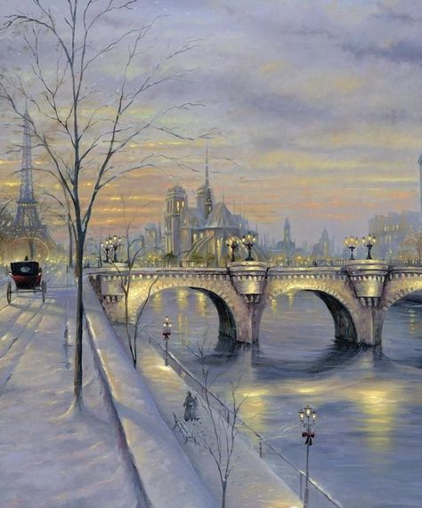 Winter In Paris Aesthetic, Winter Scene Drawing, Paris Aesthetic Winter, Winter Scenery Drawing, Winter Season Drawing, Paintings Of Paris, Paris Art Painting, Paris In Winter, Paris Christmas