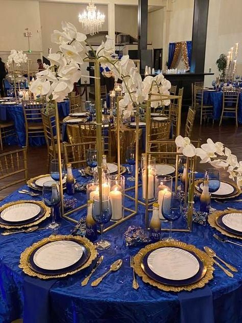 Royal Blue And Gold Quinceanera Tables, Royal Blue Event Decor, Royal Blue And Champagne Gold Wedding Decorations, Royal Blue Reception Decorations, Gold And Blue Wedding Decorations, Royal Blue Decorations Wedding, Blue And Gold Quince Decorations, Royal Blue And Gold Quinceanera Centerpieces, Royal Blue Quinceanera Centerpieces