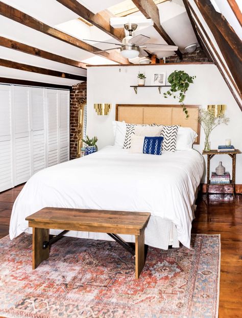 We're Beamin' Looking at These Bedroom Setups Exposed Beams Bedroom, Beam Bedroom, Beams Bedroom, Attic Bed, Winter Bedroom, Colorful Apartment, Bedroom Setup, Attic Bedroom, Small Apartment Decorating