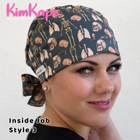 We love the vintage-textbook look of the skeletons, brains, lungs, skulls, and the caduceus on this cool surgical scrub cap! We’ve completed the look with a beige ribbon for Style 6. Exclusive to KimKaps! You're going to look so cute! Available here: https://kimkaps.com/collections/specialty-themed-scrub-hats/ Scrub Hat, Scrub Cap, Scrub Hat Patterns, Scrub Tech, Hair Color Light Brown, Surgical Scrub Hats, Inside Job, Light Hair Color, Scrub Caps Surgical