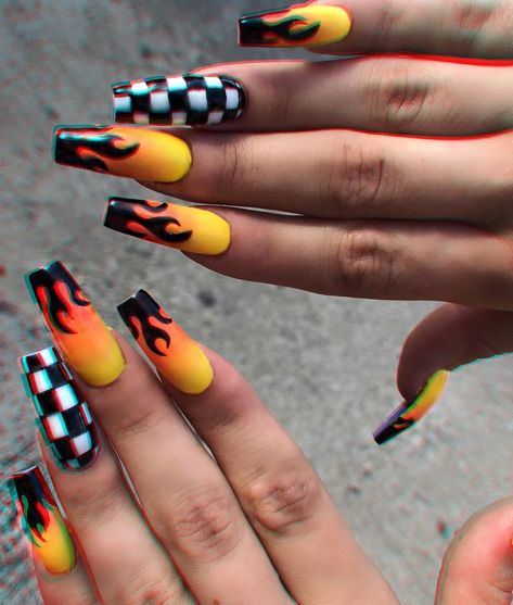 ⠀⠀⠀⠀⠀⠀⠀⠀⠀⠀⠀⠀⠀⠀⠀BADGAL BLVD. on Instagram: “Nail drip 🏁🔥 Yes or No? Tag someone that would rock these 😍😍 #inspo” Checkered Nails, Black Coffin Nails, Nails Tumblr, Black Nail Designs, Black Nail, Instagram Nails, Summer Acrylic Nails, Nagel Inspo, Yellow Nails