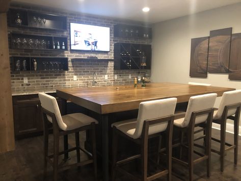 Bar With Seating On Both Sides, Basement Bar Seating Ideas, Basement Peninsula Bar, Island Basement Bar, Basement Island, Basement Table Ideas, House Bars, Tall Bar Table Basement, Basement Bar With Island