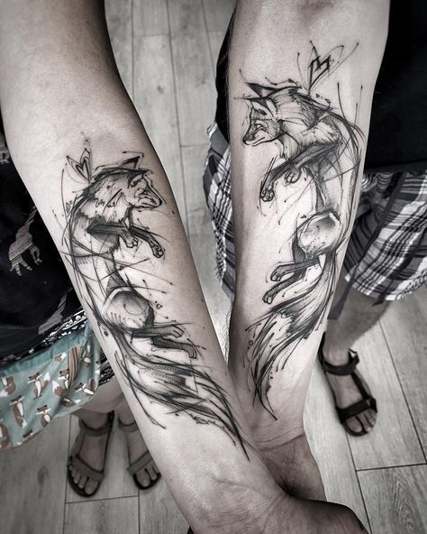 Fox Matching Tattoos, Eternal Love Tattoo Couple, Fox Spine Tattoo, Fire Fox Tattoo, Matching Fox Tattoos, Fox Tattoo Ideas, Eternal Love Tattoo, Infinity Tattoos For Couples, Darkside Tattoo