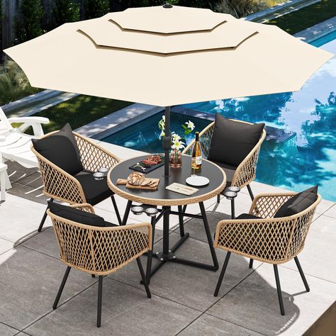 PRICES MAY VARY. Complete 6-Piece Patio Dining Set: Create an inviting atmosphere with our patio dining set for 4, featuring a 10 ft 3-tier patio umbrella(Umbrella base not included), 4 dining chairs, and 1 dining table for outdoor dining and entertaining Sleek & Functional Dining Table: Tempered glass tabletop design adds a touch of modern elegance to your outdoor space while providing an easy-to-clean surface; 8 practical cup holders are designed along the table for user convenience Rattan Din Dining Chairs With Cushions, Table With Umbrella, Tabletop Design, Backyard Remodel, 4 Dining Chairs, Table Top Design, Patio Dining Set, Outdoor Dining Set, Patio Dining