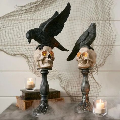 25+ Spookiest and Creepiest Halloween Decor Ideas Inspired by Skull and Skeletons » EcstasyCoffee Halloween Mantel Decor, Unique Halloween Decorations, Halloween Mantel, Creepy Halloween Decorations, Halloween Cans, Skeleton Decorations, Black Birds, Elegant Halloween, Halloween Tattoo