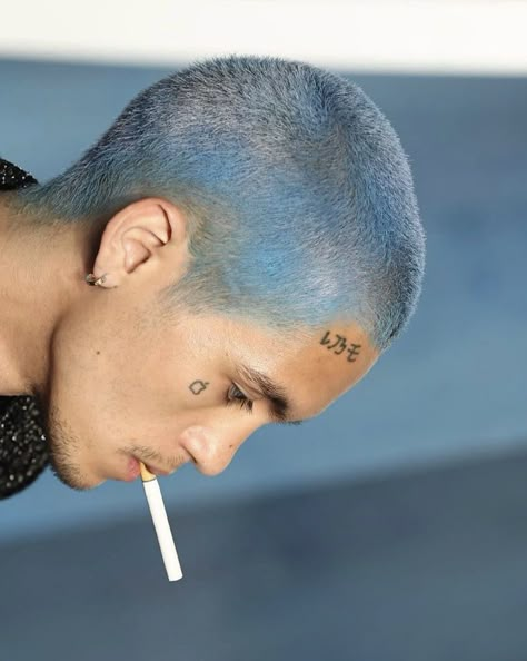 Blue Hair Buzzcut, Colorful Buzzed Hair, Men’s Dyed Buzzcut, Light Blue Buzzcut, Blue Buzzcut Men, Silver Blue Hair Men, Pastel Buzzcut, Blue Hair On Men, Bald Hair Color