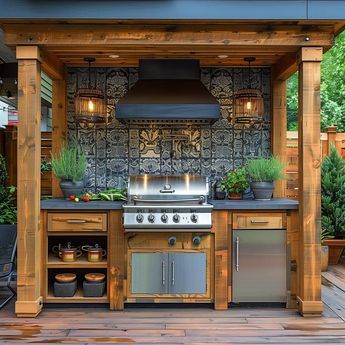 Small Patio Kitchen, Outdoor Kitchen Shed, Pool Shelter, Grill Deck, Backyard Kitchen Ideas, Dream Outdoor Kitchen, Alfresco Decking, Exterior Kitchen, Outdoor Bbq Area