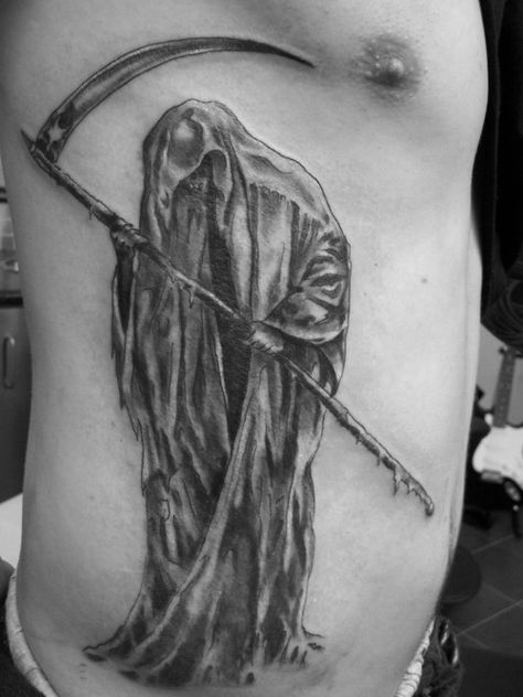 Grim Reaper Tattoo, Reaper Tattoo, Men Tattoos, Side Tattoos, Rib Tattoo, Grim Reaper, Tattoos And Piercings, Wood Carving, Tattoos For Guys