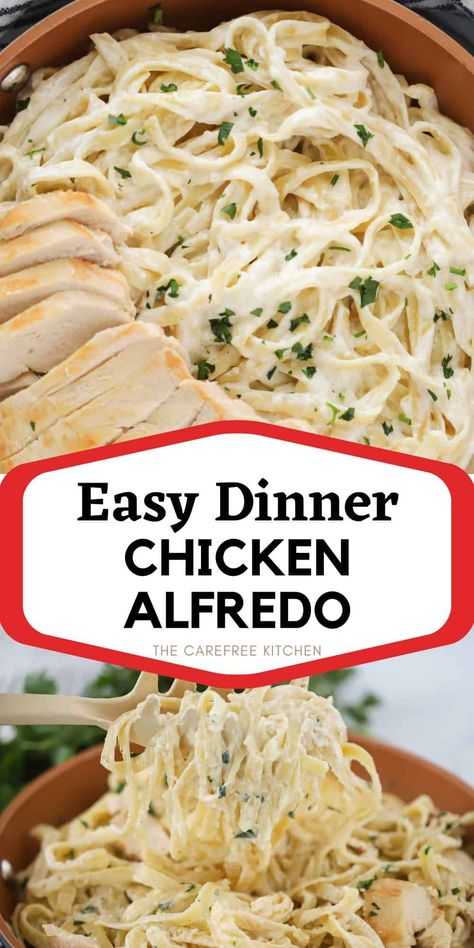 This easy Chicken Fettuccini Alfredo is made with juicy, tender chicken breasts, perfectly cooked pasta, and our creamy homemade Alfredo sauce. It’s a perfect weeknight dinner that’s quick and super satisfying. #thecarefreekitchen #pasta #fettuccine #alfredo #sauce #dinner #easy #comfortfood #italian Easy Homemade Chicken Alfredo, Homemade Chicken Alfredo Recipe, Chicken Fettuccini Alfredo, Fettuccine Alfredo Sauce, Vegetarian Alfredo, Simple Chicken Alfredo Recipe, Pasta Fettuccine, Homemade Chicken Alfredo, Chicken Alfredo Fettuccine Recipe