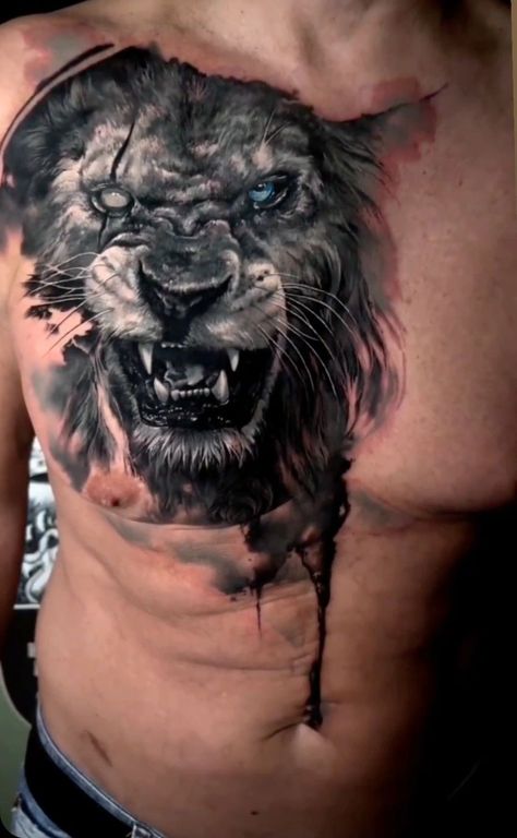 Dark Lion Tattoo, Wolf Chest Tattoo Men, Animal Chest Tattoo, Lion Cover Up Tattoo, Lion Wolf Tattoo, Wolf Chest Tattoo, Lion Chest Tattoo, Egyptian Eye Tattoos, Evolution Tattoo