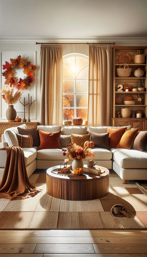 A warm living room with an autumnal feel. Beige sectional sofa with a throw blanket, decorated coffee table, wooden console with decorations. Sunlight coming through enhances the cozy atmosphere. Autumn Colour Living Room Decor, Rust Room, Fall Living Room Decor Autumn, Autumn Furniture, Fall Interior Decor, Fall Living Room Ideas, Easy Diy Fall Decor, Sectional Sofa Beige, Autumn Living Room