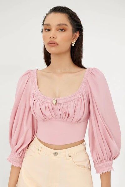 Long Puffy Sleeves, Sophisticated Fashion, Tweed Top, Buy Clothes Online, Mean Blvd, Yellow Crop Top, Rosy Pink, Long Sleeved Top, Puffy Sleeves