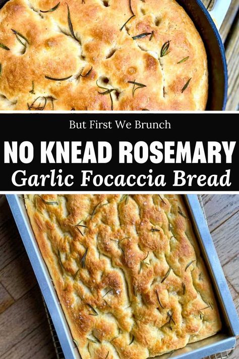 Focaccia bread with garlic and rosemary and no kneading? This simple no knead yeast bread is a delicious bread with a crispy crust, is soft and fluffy, and has a lovely rosemary and garlic flavor. For more great bread baking recipes be sure to follow along. Garlic Focaccia Bread, Bread With Garlic, Bread Baking Recipes, Garlic Focaccia, Parmesan Bread, Tasty Bread Recipe, Butter Bread, Baking Bread Recipes, Rosemary Garlic