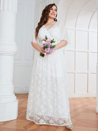 Lace Wedding Dress Plus Size, V Neck Lace Wedding Dress, Half Sleeve Wedding Dress, Wedding Dress Necklace, Plus Wedding Dresses, Wedding Dress Plus Size, Butterfly Sleeve, Wedding Dresses For Sale, Wedding Dresses Plus Size