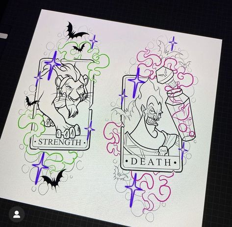 Disney Villans Tattoo Ideas, Simple Disney Villian Tattoos, Disney Villian Tattoo Ideas, Disney Tarot Card Tattoo, Goth Disney Tattoo, Old School Disney Tattoo, Gothic Disney Tattoo, Spooky Disney Tattoo, Disney Villians Tattoos