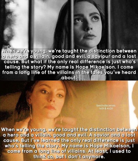 [1x01 & 4x20] Hope’s first lines in Legacies always stuck with me, so I was happy to have her answer her own question. Hope Mikaelson Quotes, Tvd Shifting, Hope Mikaelson Season 4, House Of Mystery, Tvdu Quotes, The Originals Tv Show, Murphy The 100, Tvd Quotes, Supernatural Movies