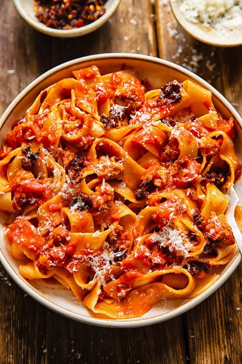 Chili Crisp Sausage Ragu Pappardelle Ragu Pappardelle, Asian Salmon Recipes, Garlic Mushroom Sauce, Rice Pizza, Asian Salad Recipe, Sausage Ragu, Cheese Broccoli, Asian Noodle Salad, Afghan Food Recipes