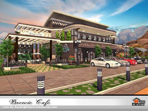 Fancy Restaurant Exterior, Restaurant Tycoon 2 Ideas, Sims 4 Restaurant Build, Cafe Floor Plan, Luxury Cafe, Sims 4 Restaurant, Restaurant Exterior Design, Cafe Exterior, Lotes The Sims 4