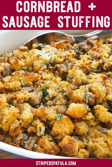 Cornbread Stuffing with Sausage and Chestnuts is one of my family's favorite holiday sides. You can prep it ahead of time for a busy Thanksgiving dinner, too! #thanksgivingrecipes #stuffing #cornbread #homemade Cornbread Casseroles, Cornbread Stuffing With Sausage, Cornbread Homemade, Stuffing Cornbread, Stuffing With Sausage, Soup Meals, Thanksgiving Menus, Sausage Cornbread Stuffing, Chestnut Stuffing