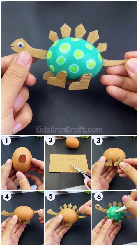 Egg Shell & Cardboard Dinosaur Model Craft Tutorial Check more at https://www.kidsartncraft.com/egg-shell-cardboard-dinosaur-craft-tutorial/ Egg Carton Dinosaur, Cardboard Dinosaur Craft, Dinosaur Egg Craft, Diy Dinosaur Decor, Cardboard Dinosaur, Dinosaur Craft, Dinosaur Model, Easter Egg Art, Egg Shell Art